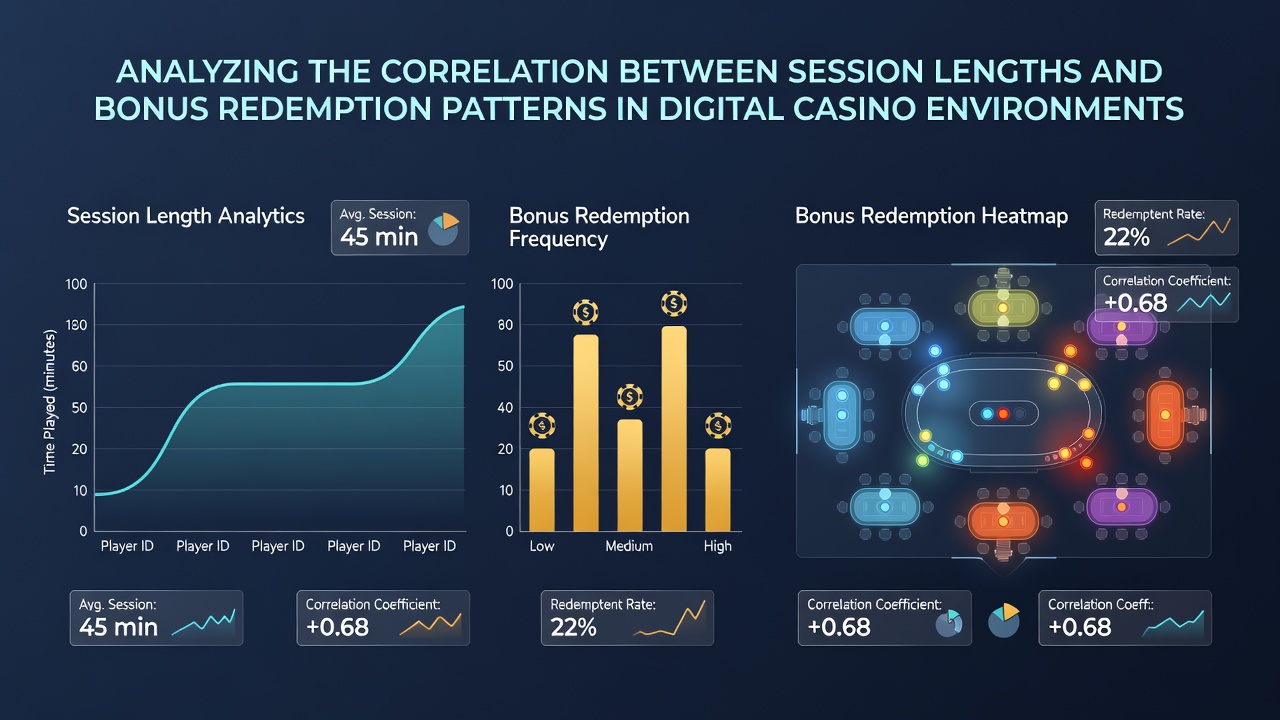Digital casino interface showing session analytics and bonus redemption metrics on multiple screens