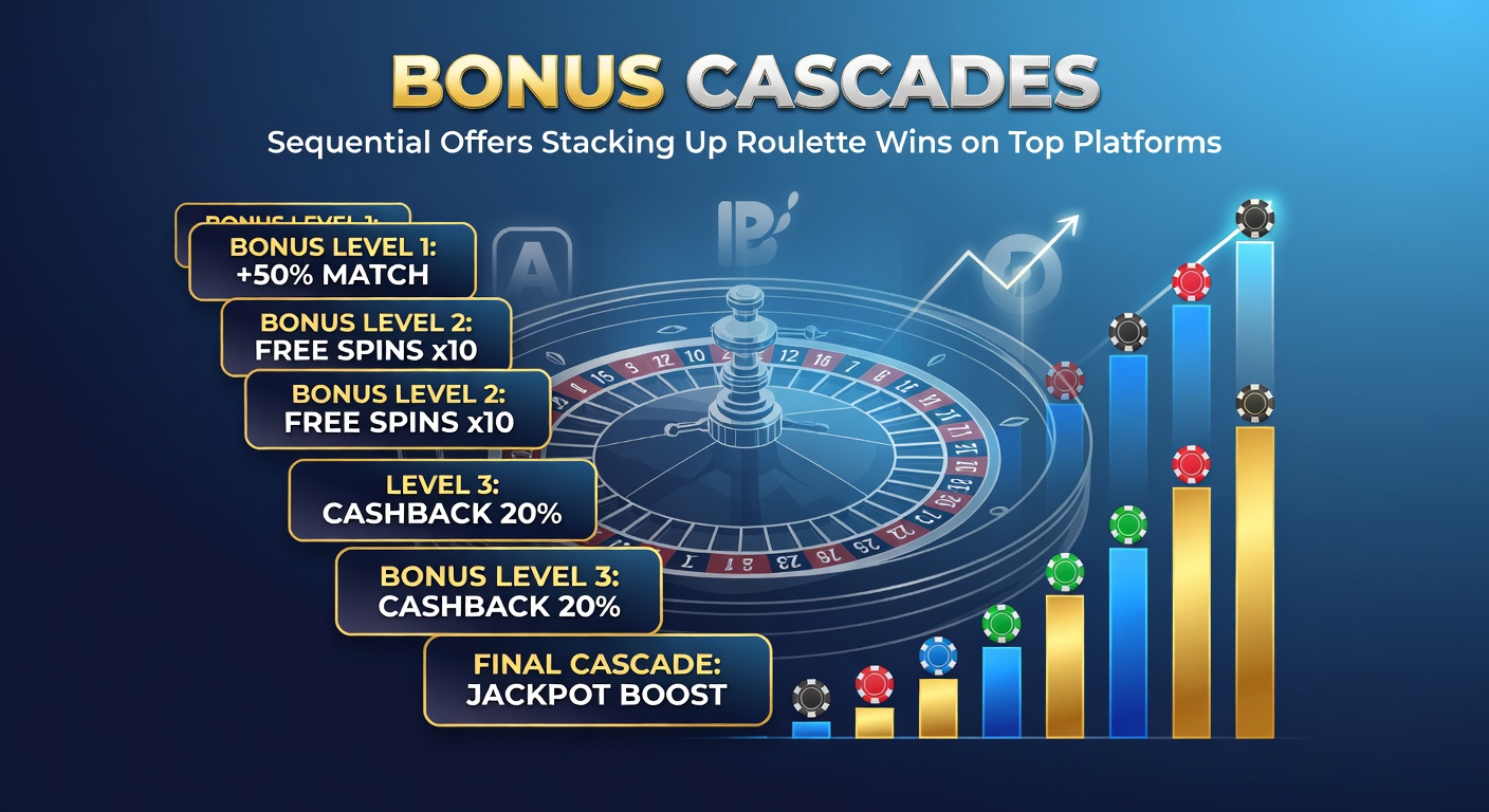 Visual representation of cascading roulette bonuses stacking on a vibrant casino platform interface, showing sequential offers building towards major wins