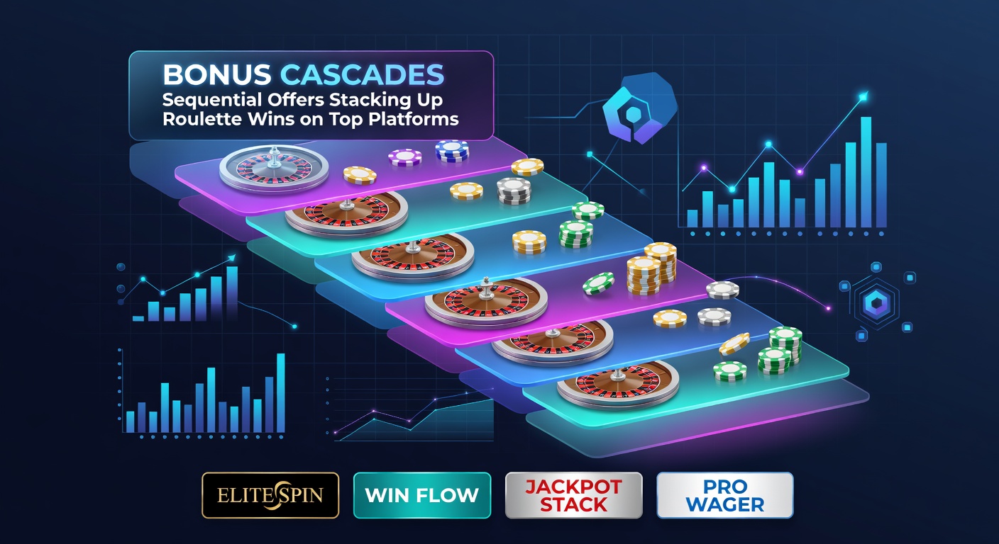 Dynamic graphic of sequential bonus layers cascading down a roulette wheel, illustrating stacked offers leading to escalating wins on a top platform dashboard