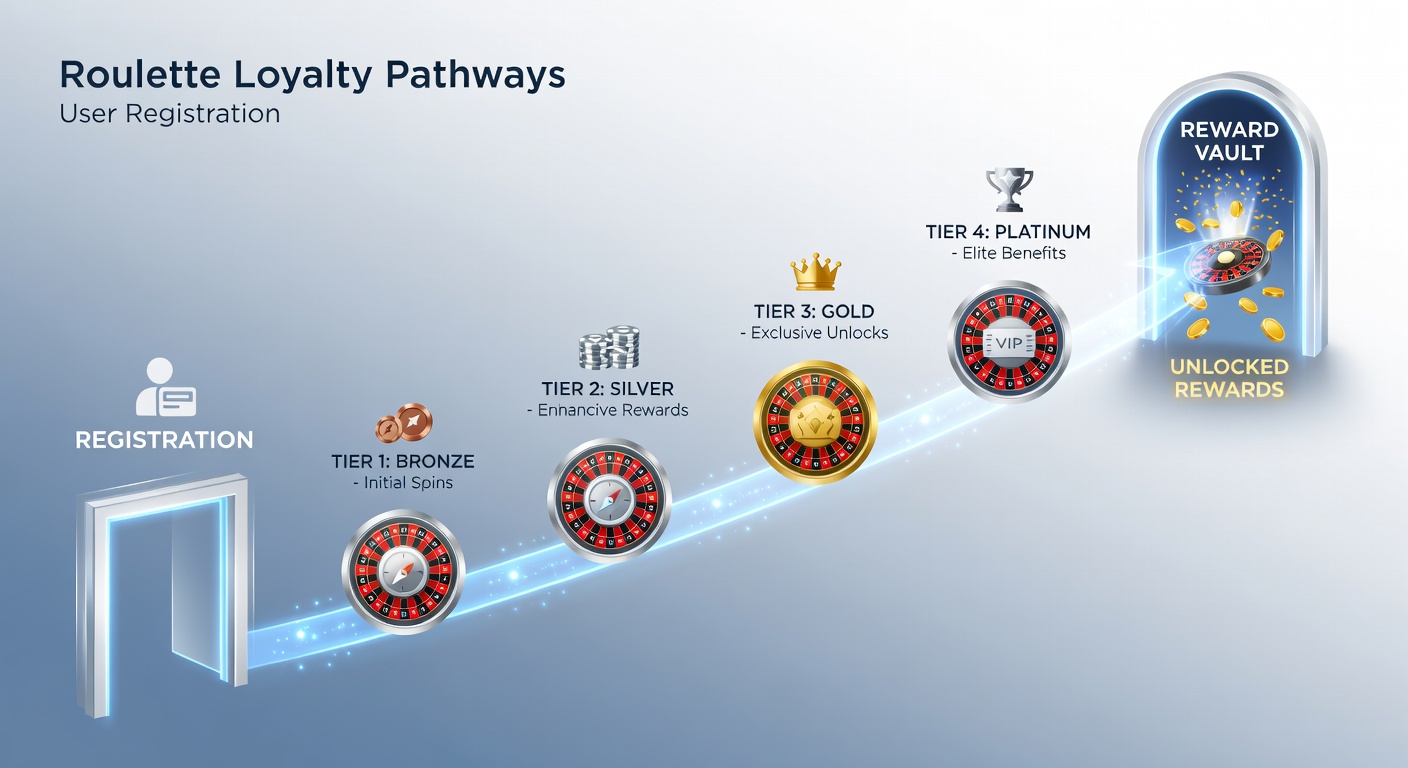 Roulette loyalty pathway diagram showing registration steps leading to tiered rewards