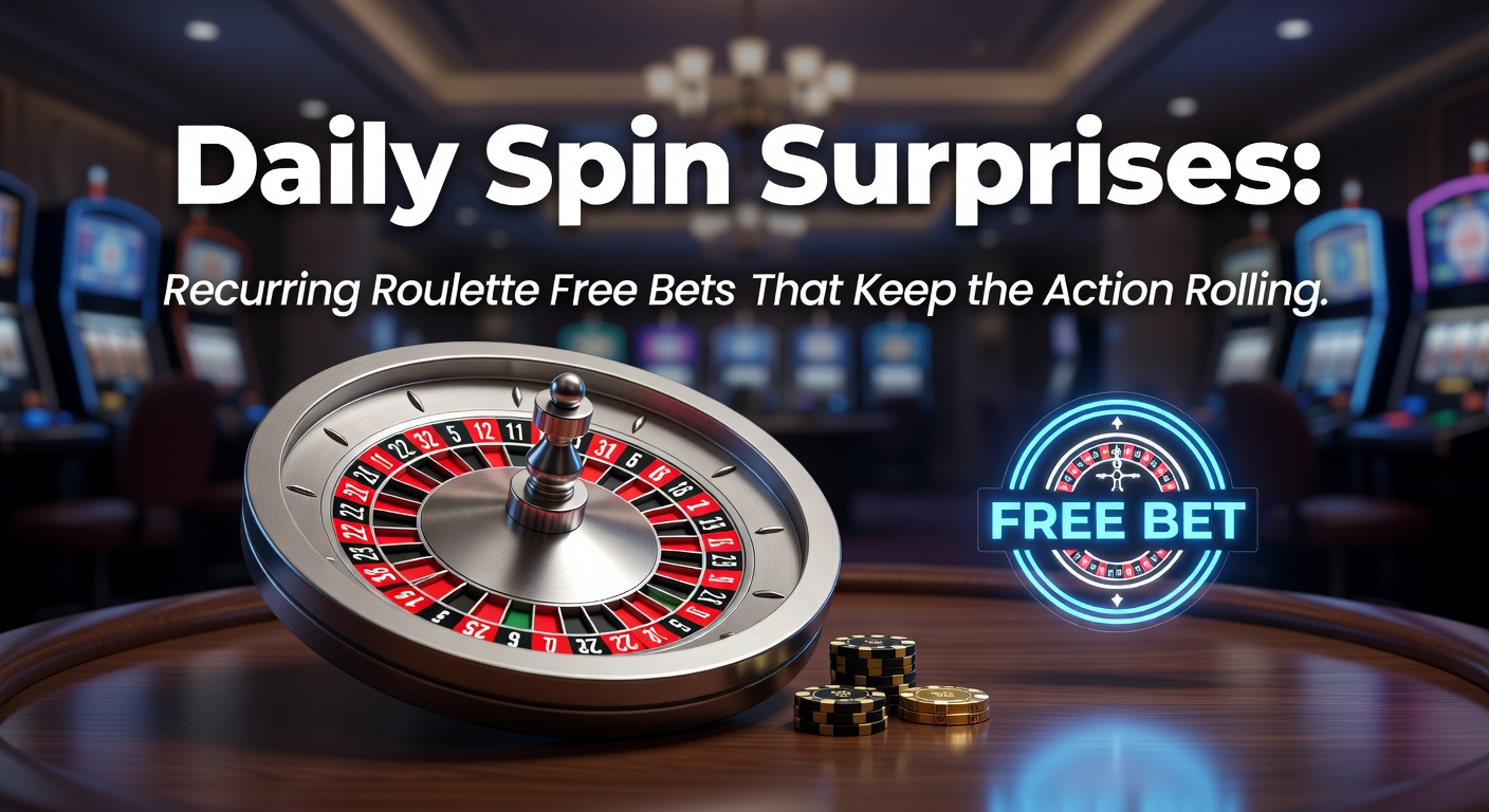 Vibrant roulette wheel spinning with glowing daily free bet icons overlayed, capturing the excitement of recurring surprises