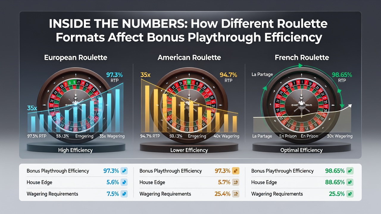 Chart displaying expected bonus retention rates across American, European, and French roulette formats during standard playthrough cycles