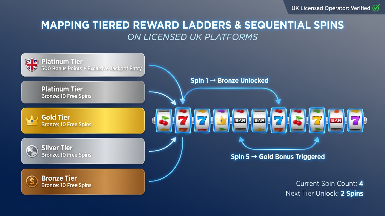 Flowchart illustrating how consecutive spins trigger tier upgrades and bonus releases on a UK casino platform