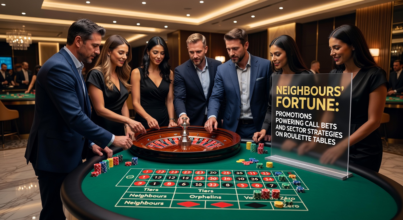 Close-up of roulette wheel sectors with neighbours bet coverage illustrated and promotional chips stacked nearby