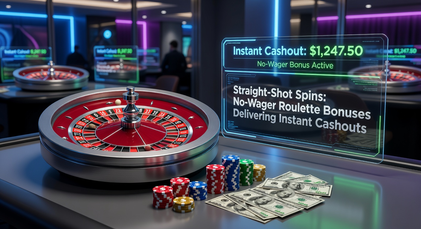 Vibrant roulette wheel spinning with golden chips stacked nearby, symbolizing quick wins from no-wager bonuses