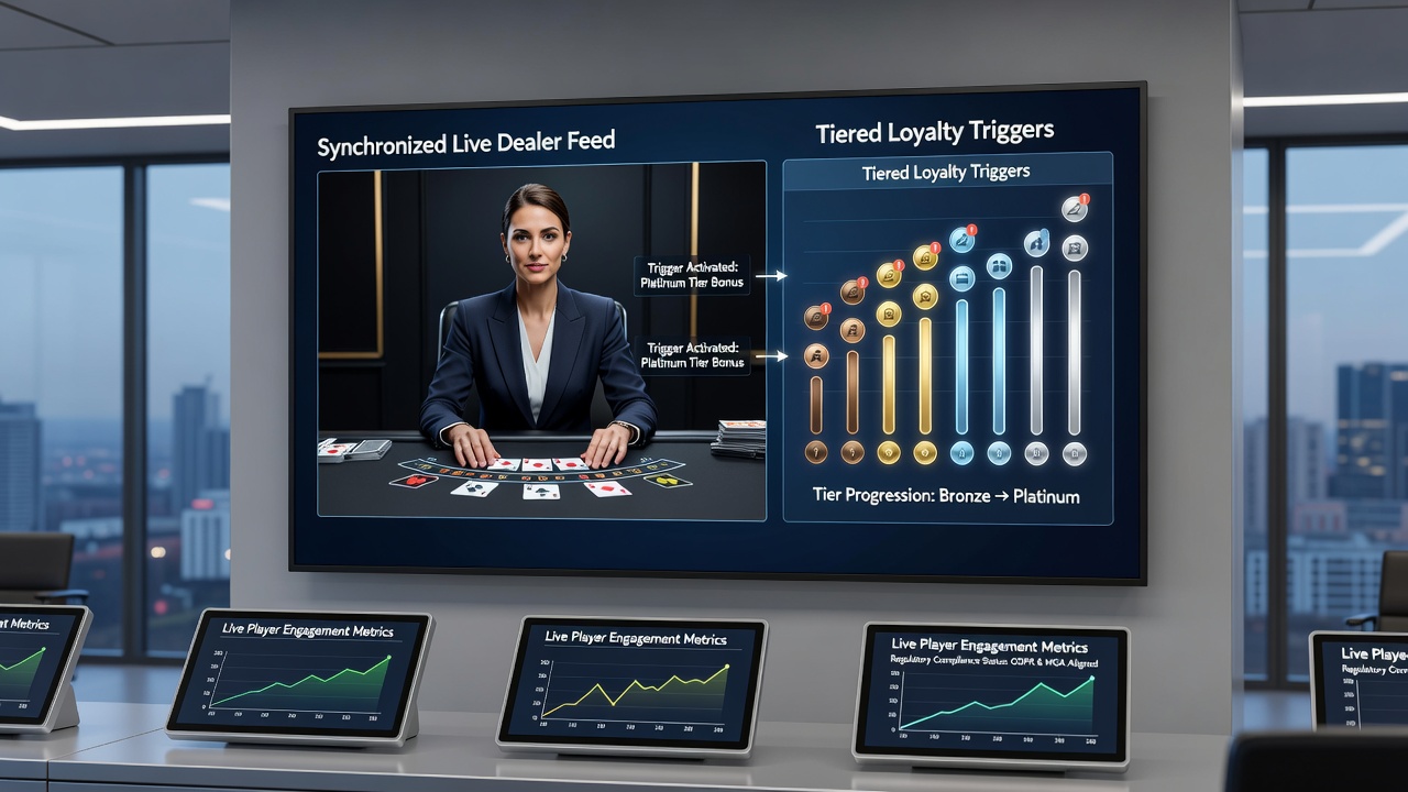 Technical diagram showing data flow between live dealer streams and tiered loyalty databases