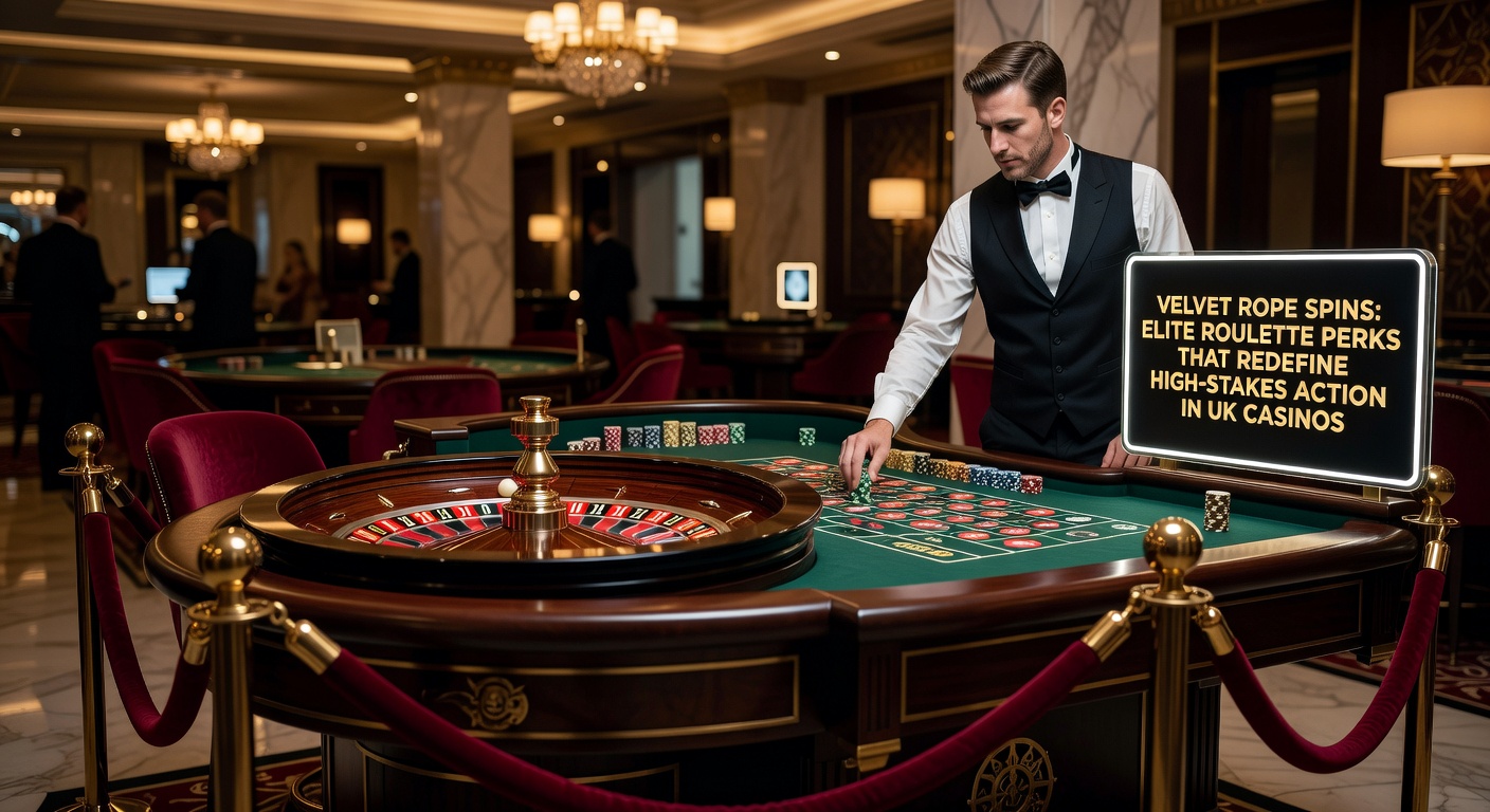 High-roller receiving personalised service at a velvet rope roulette enclave, champagne flute in hand amid glittering chips and spinning wheel