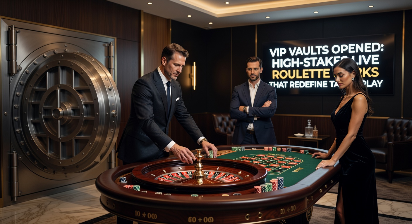 High-stakes player at a VIP roulette vault table, surrounded by multiple screens showing live stats and perks dashboard