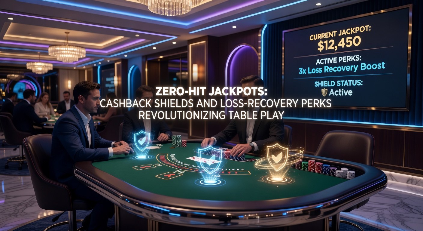 Close-up of a live roulette table with cashback shield icons overlayed on the betting layout and a loss-recovery meter ticking upward amid spinning wheel action